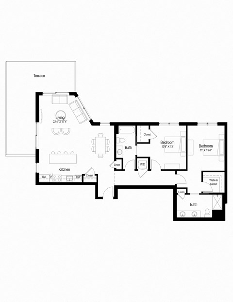 Floor plan for 2 beds, 2 baths, 1345 sqft